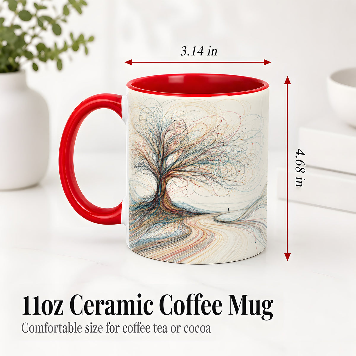 #pl[11oz|Red] Abstract Tree Ceramic Mug, Flowing Line Art for Modern Decor Fans