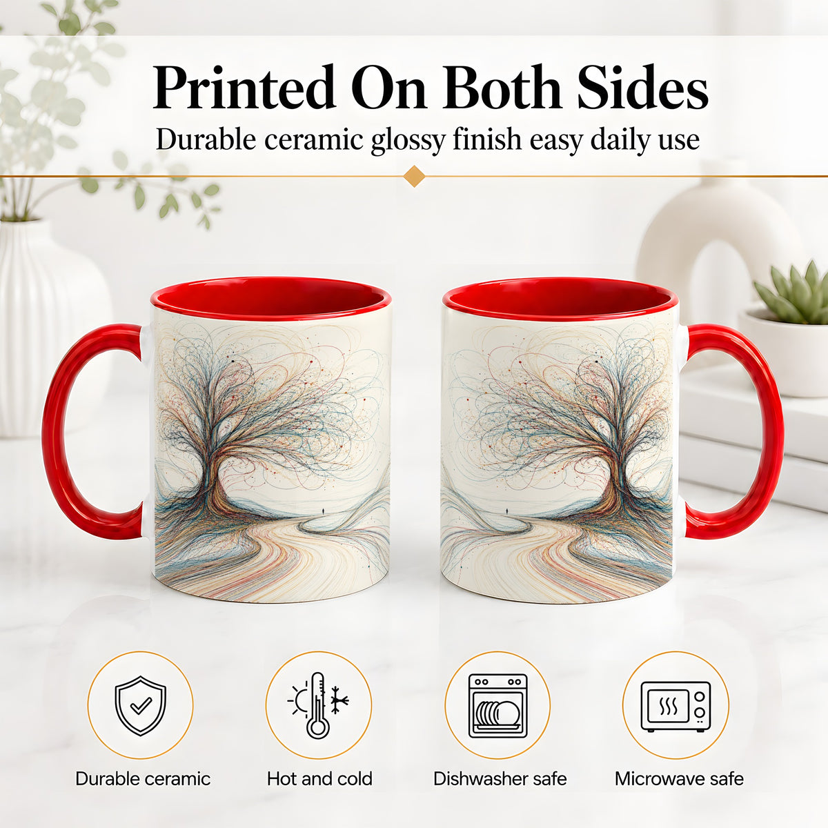 #pl[11oz|Red] Abstract Tree Ceramic Mug, Flowing Line Art for Modern Decor Fans
