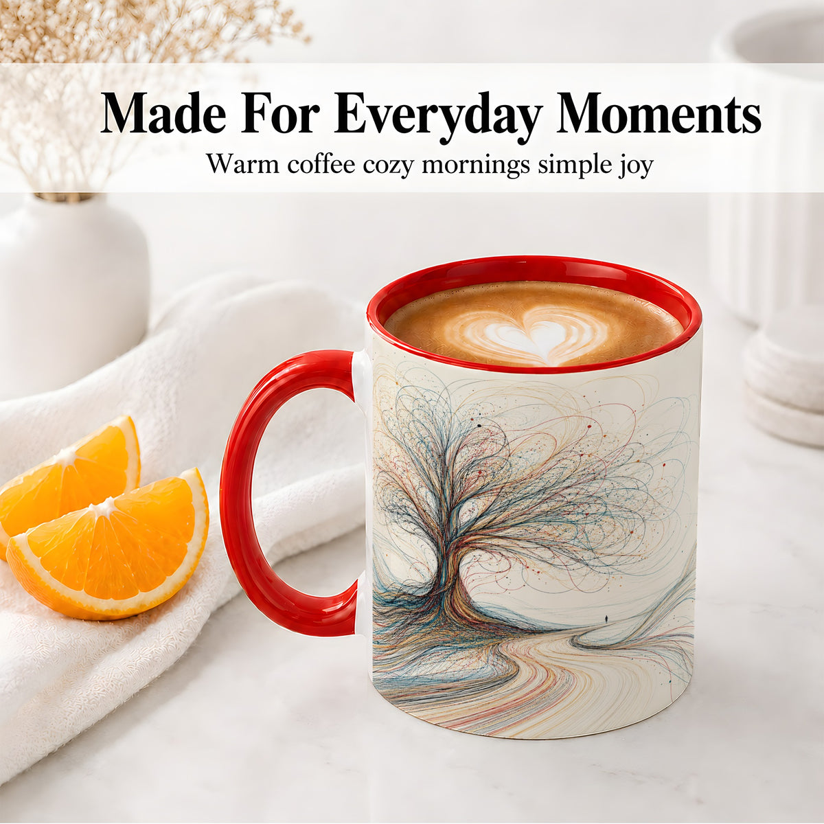 #pl[11oz|Red] Abstract Tree Ceramic Mug, Flowing Line Art for Modern Decor Fans