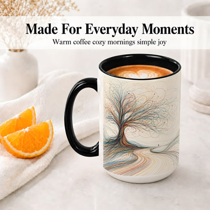 #pl[15oz|Black] Abstract Tree Ceramic Mug, Flowing Line Art for Modern Decor Fans