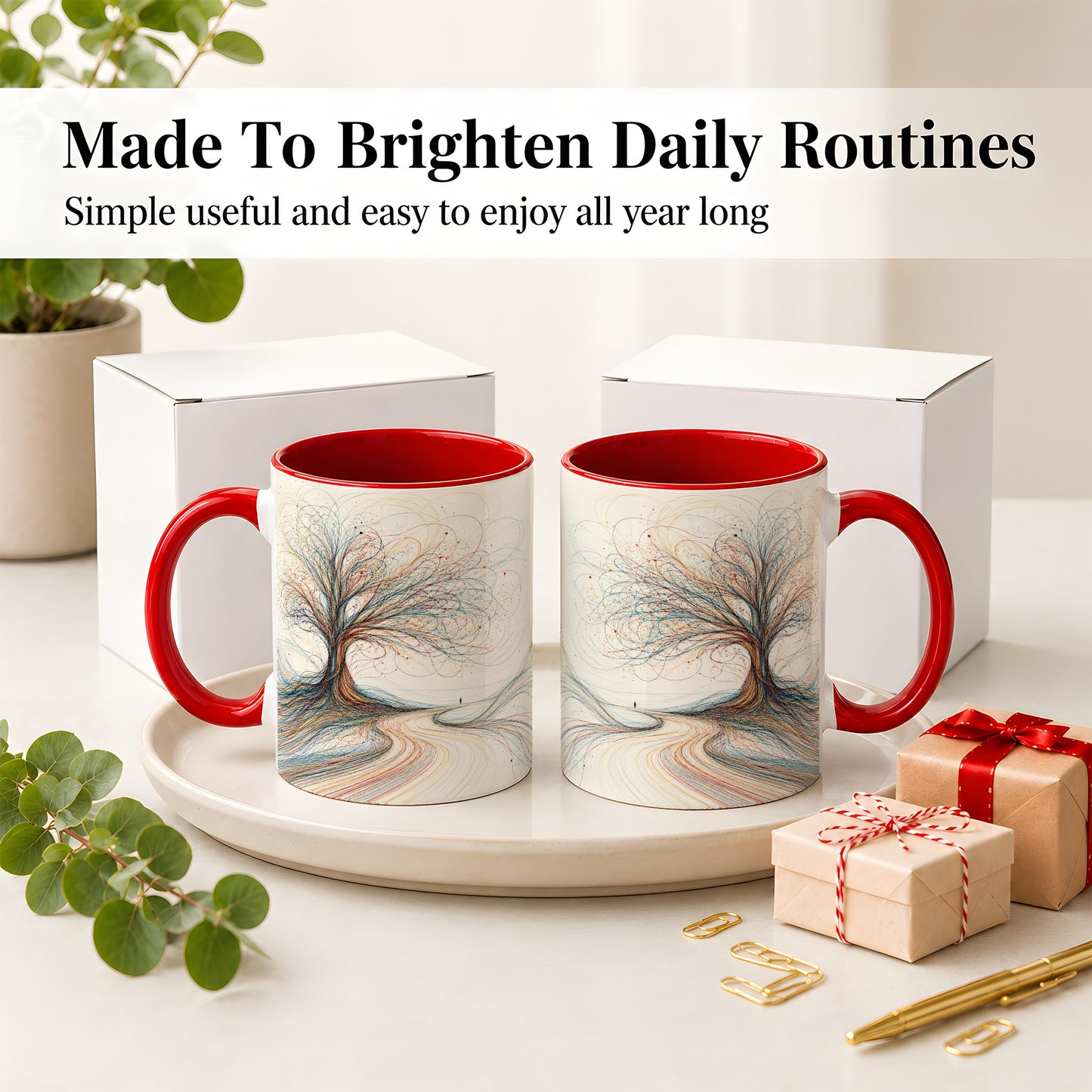 #pl[11oz|Red] Abstract Tree Ceramic Mug, Flowing Line Art for Modern Decor Fans