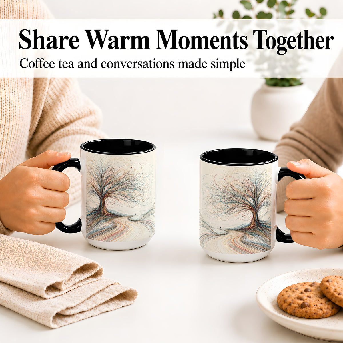 #pl[15oz|Black] Abstract Tree Ceramic Mug, Flowing Line Art for Modern Decor Fans