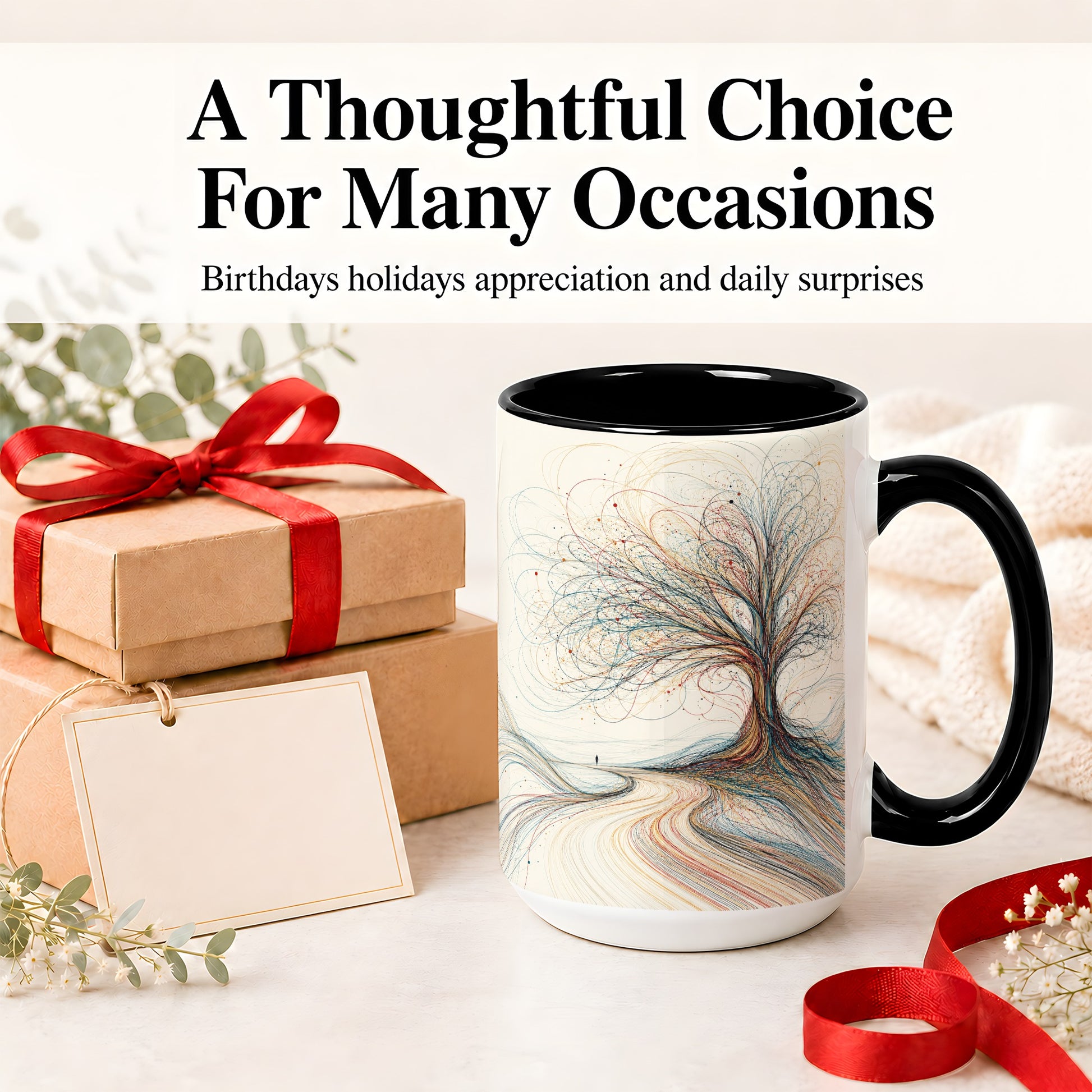 #pl[15oz|Black] Abstract Tree Ceramic Mug, Flowing Line Art for Modern Decor Fans