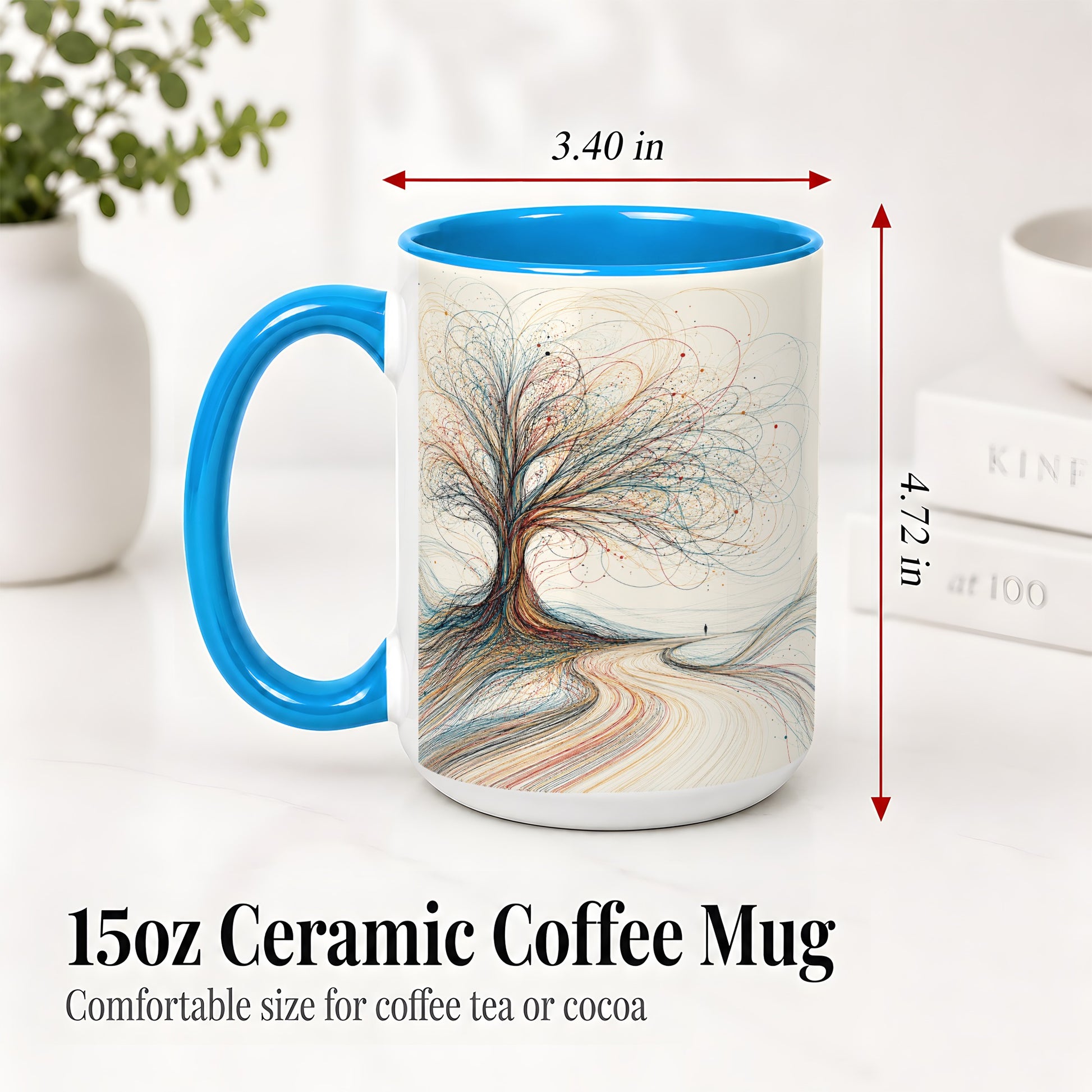 #pl[15oz|Blue] Abstract Tree Ceramic Mug, Flowing Line Art for Modern Decor Fans