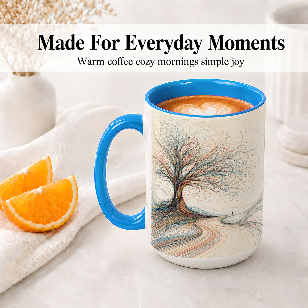 #pl[15oz|Blue] Abstract Tree Ceramic Mug, Flowing Line Art for Modern Decor Fans