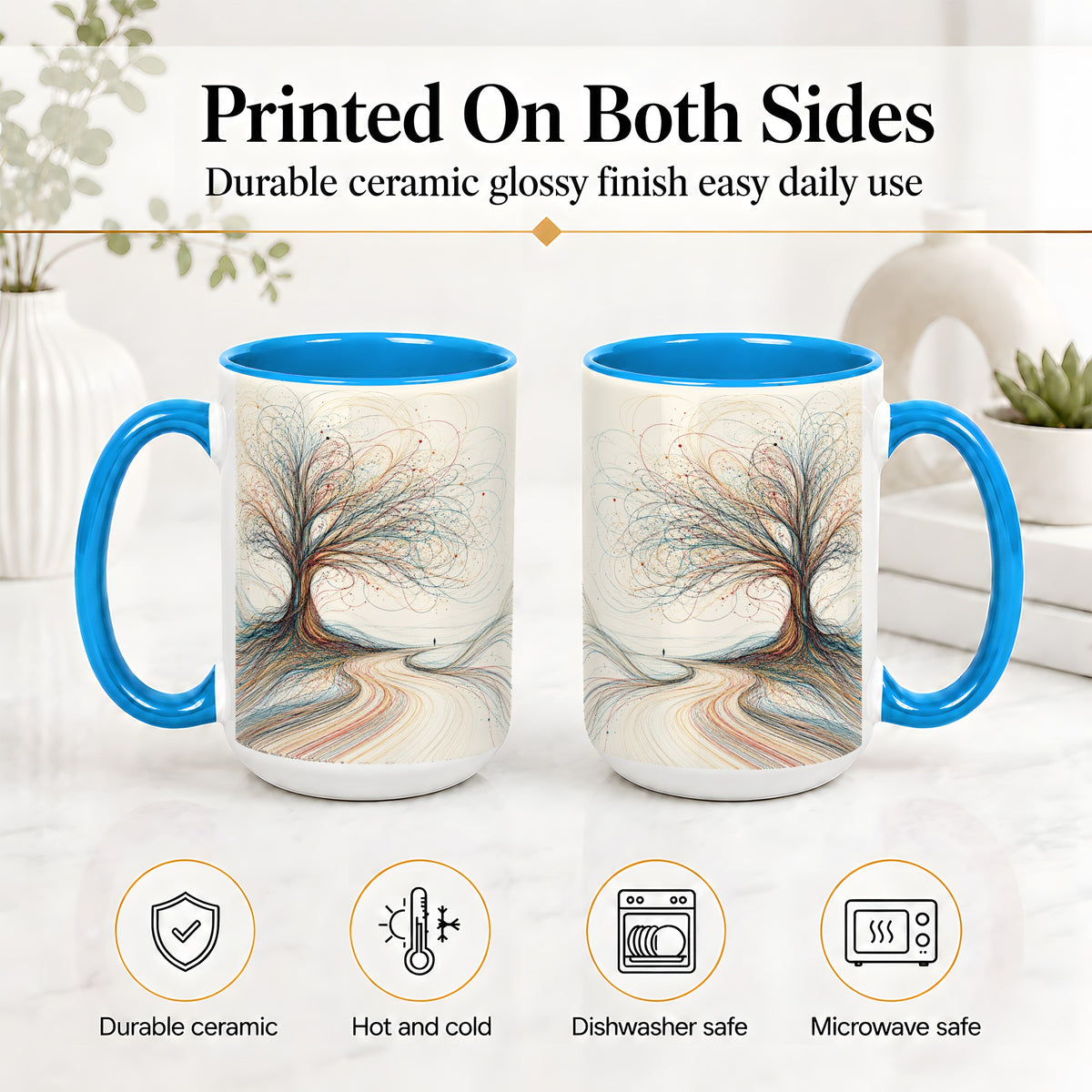 #pl[15oz|Blue] Abstract Tree Ceramic Mug, Flowing Line Art for Modern Decor Fans