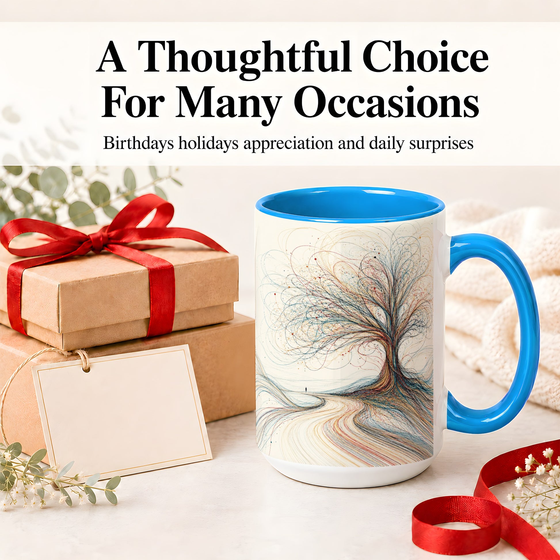 #pl[15oz|Blue] Abstract Tree Ceramic Mug, Flowing Line Art for Modern Decor Fans