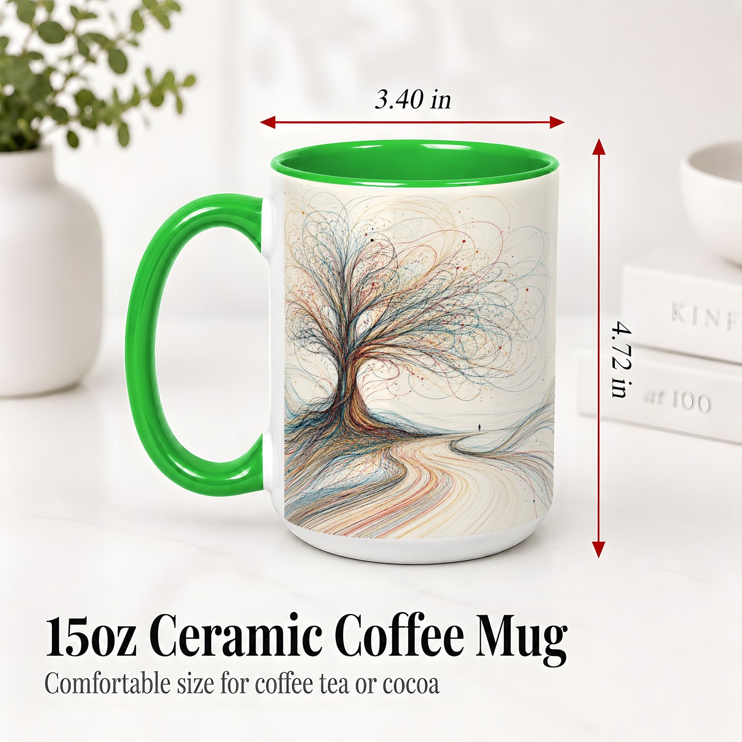 #pl[15oz|Green] Abstract Tree Ceramic Mug, Flowing Line Art for Modern Decor Fans