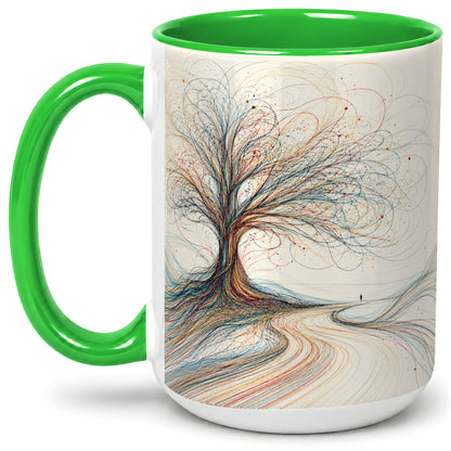 #pl[15oz|Green] Abstract Tree Ceramic Mug, Flowing Line Art for Modern Decor Fans