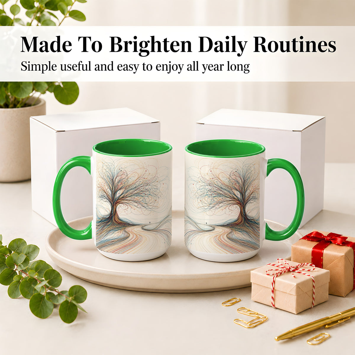 #pl[15oz|Green] Abstract Tree Ceramic Mug, Flowing Line Art for Modern Decor Fans