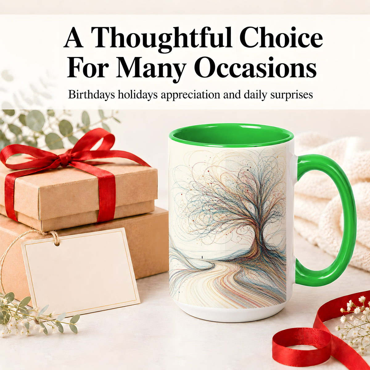 #pl[15oz|Green] Abstract Tree Ceramic Mug, Flowing Line Art for Modern Decor Fans