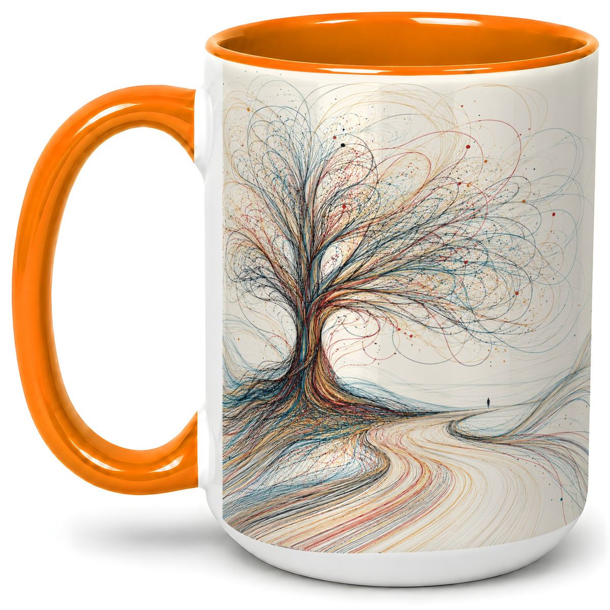 #pl[15oz|Orange] Abstract Tree Ceramic Mug, Flowing Line Art for Modern Decor Fans
