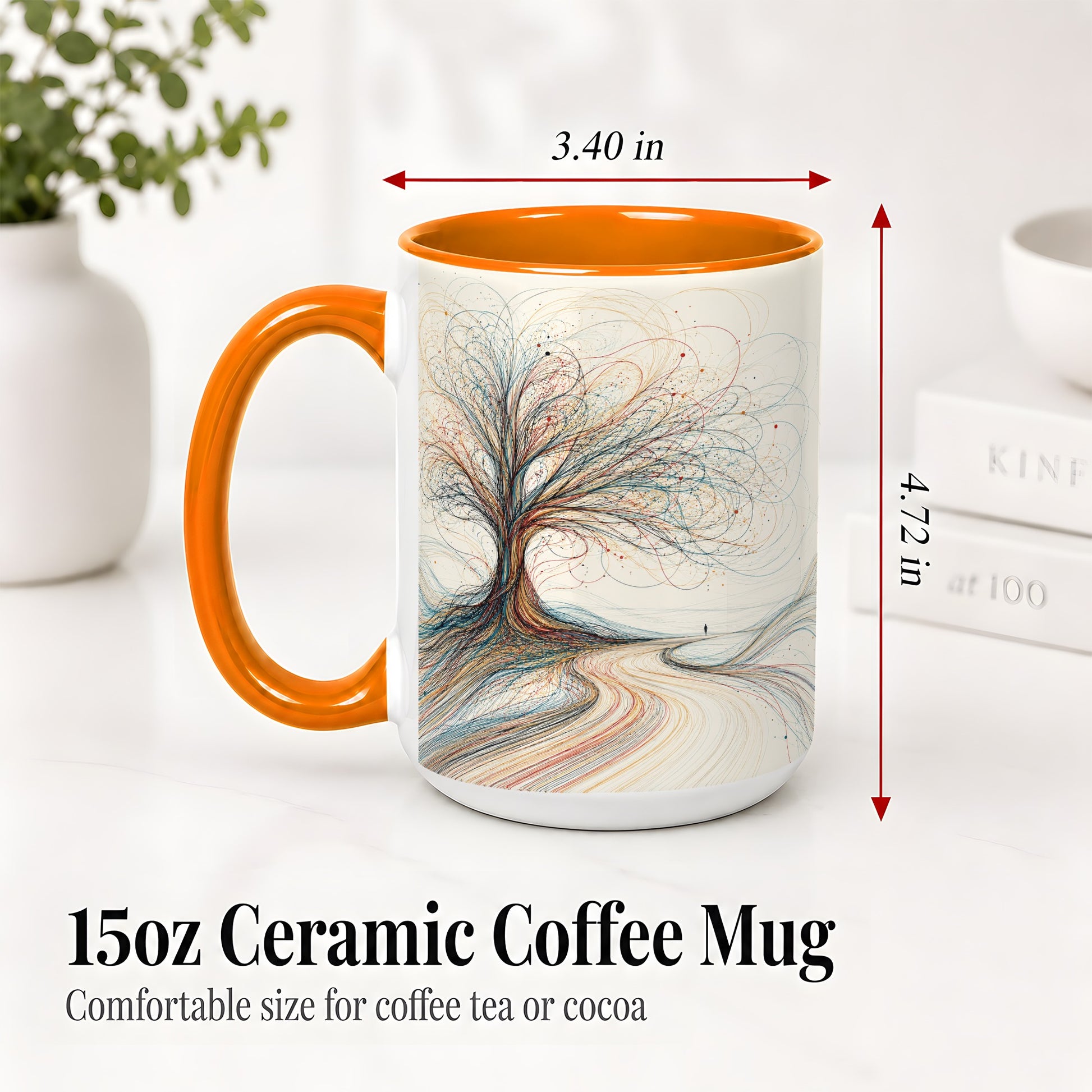 #pl[15oz|Orange] Abstract Tree Ceramic Mug, Flowing Line Art for Modern Decor Fans