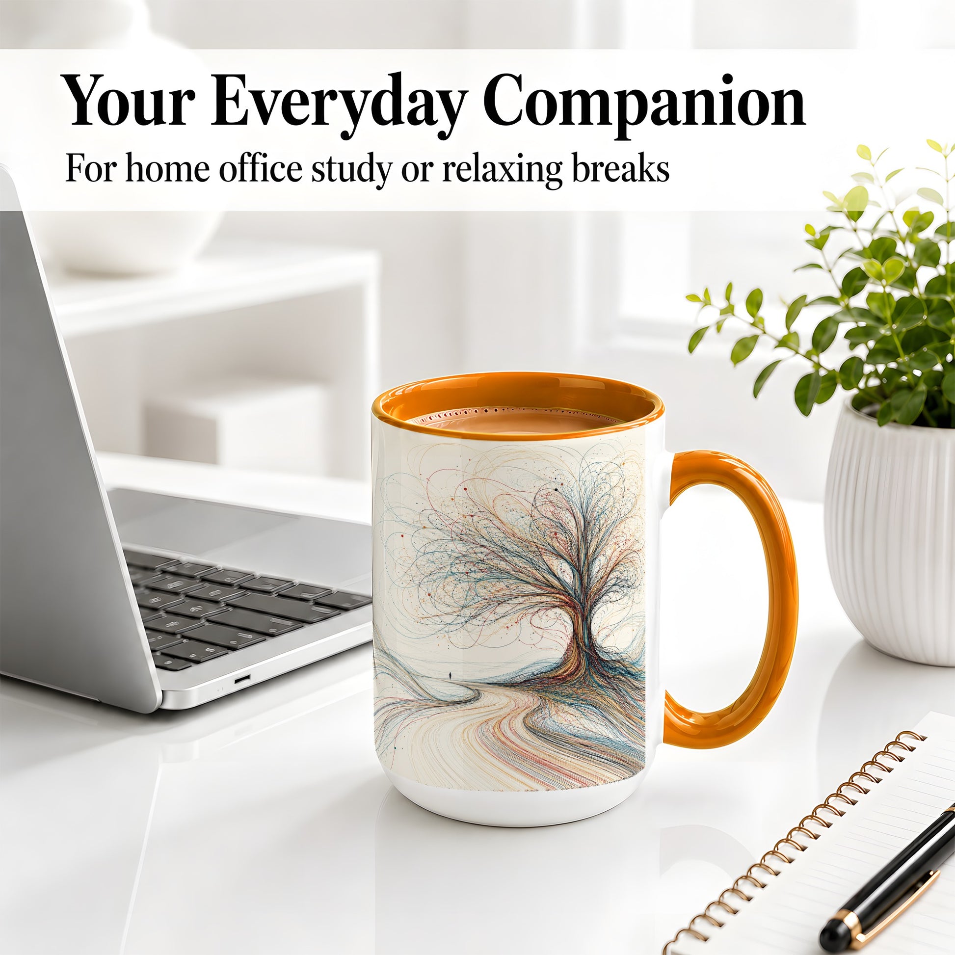 #pl[15oz|Orange] Abstract Tree Ceramic Mug, Flowing Line Art for Modern Decor Fans