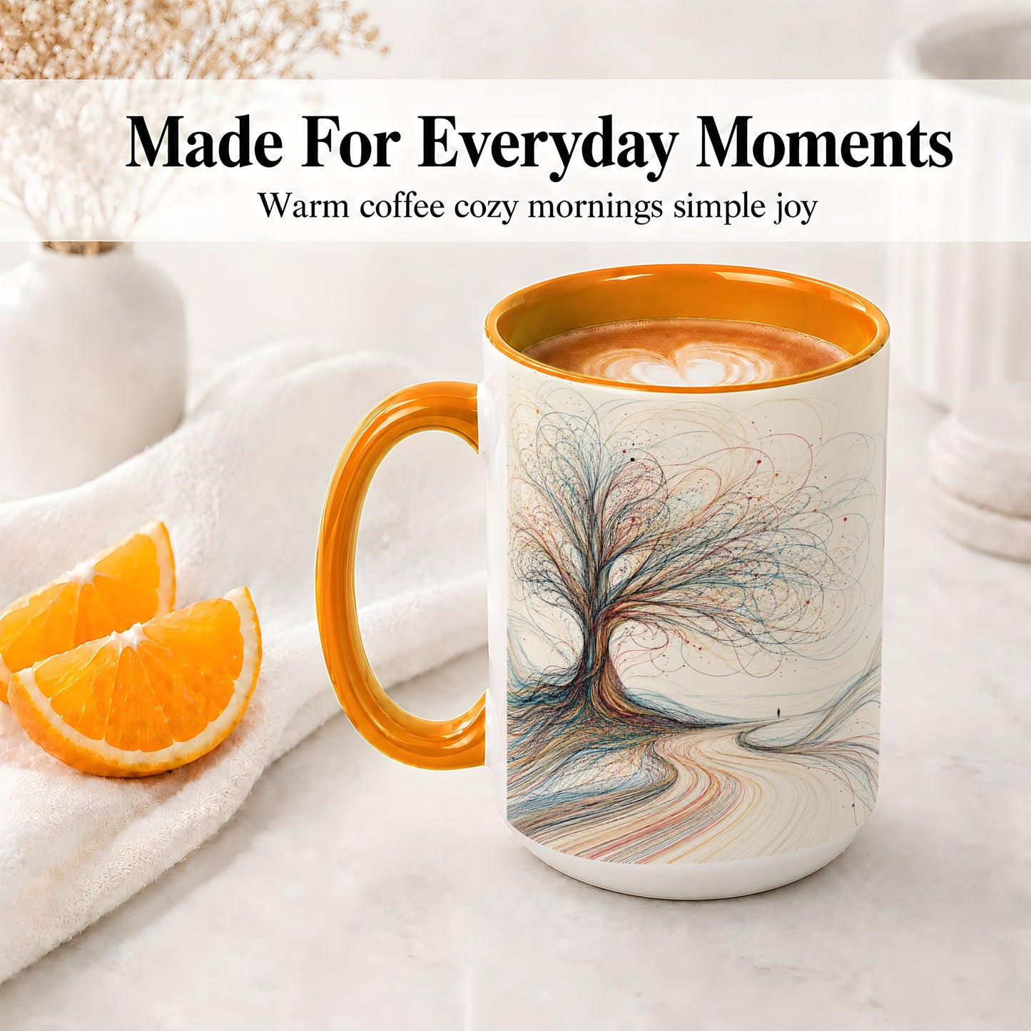 #pl[15oz|Orange] Abstract Tree Ceramic Mug, Flowing Line Art for Modern Decor Fans