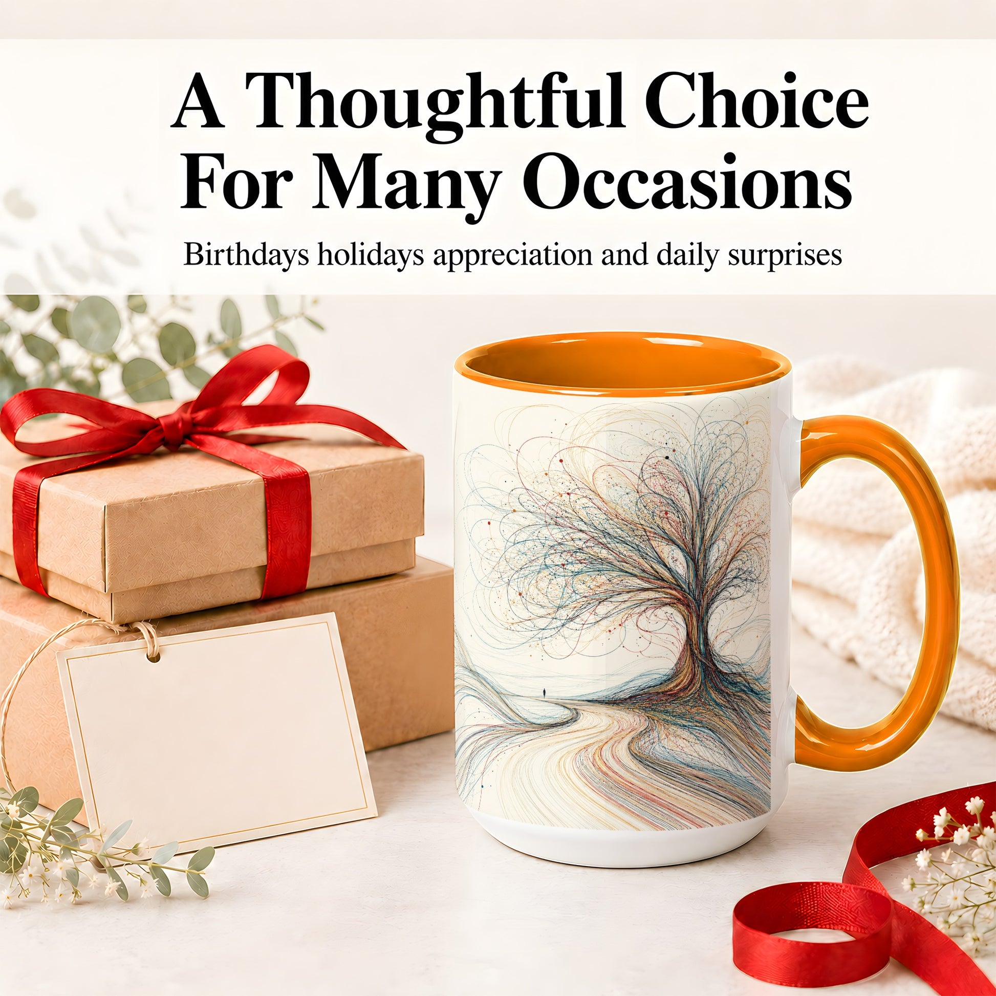 #pl[15oz|Orange] Abstract Tree Ceramic Mug, Flowing Line Art for Modern Decor Fans