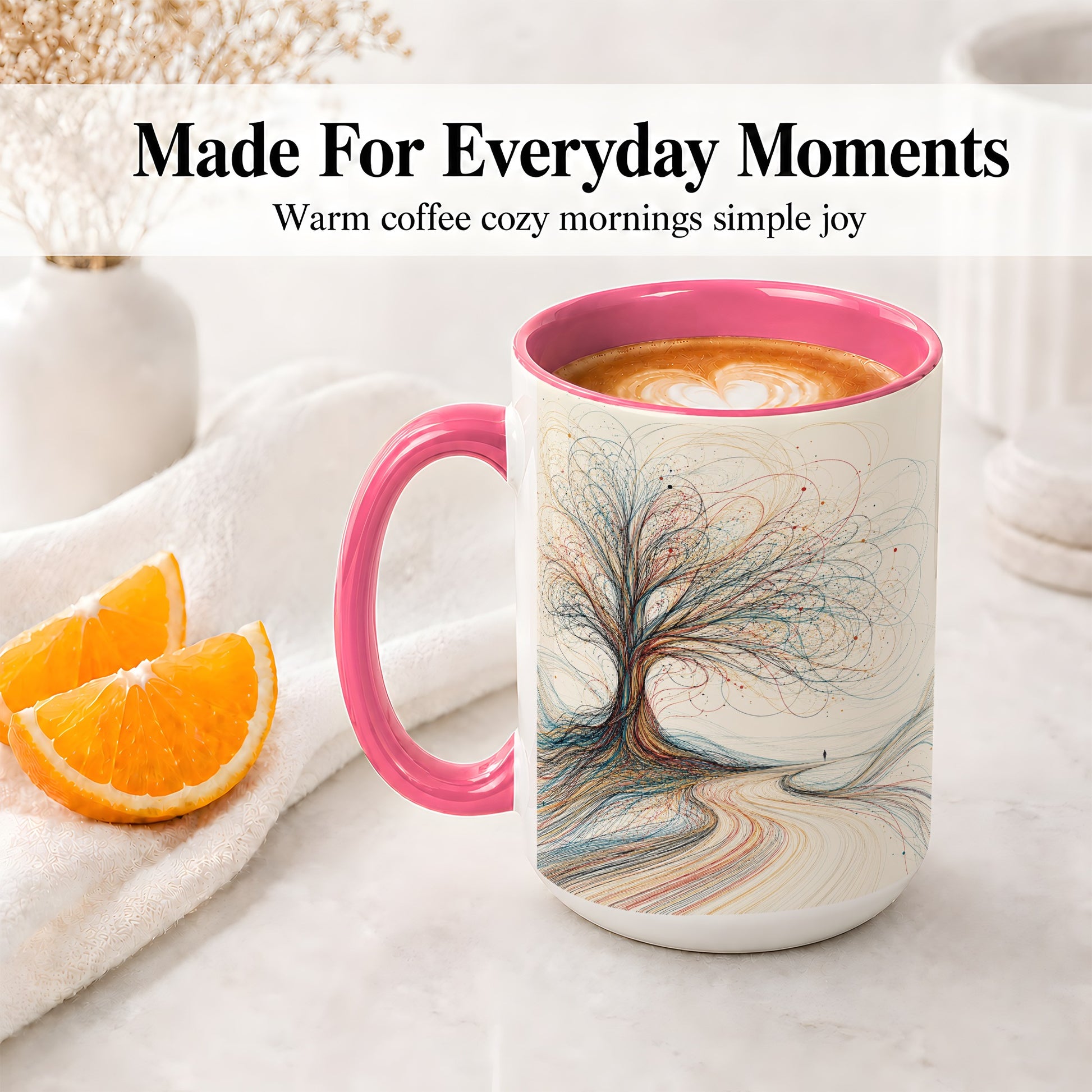 #pl[15oz|Pink] Abstract Tree Ceramic Mug, Flowing Line Art for Modern Decor Fans