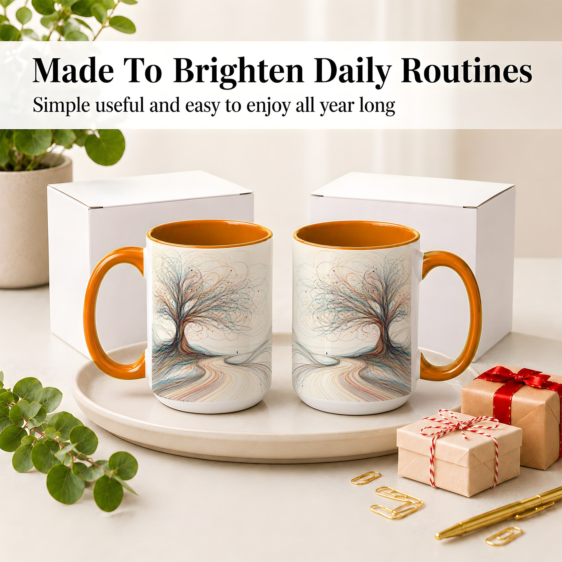 #pl[15oz|Orange] Abstract Tree Ceramic Mug, Flowing Line Art for Modern Decor Fans