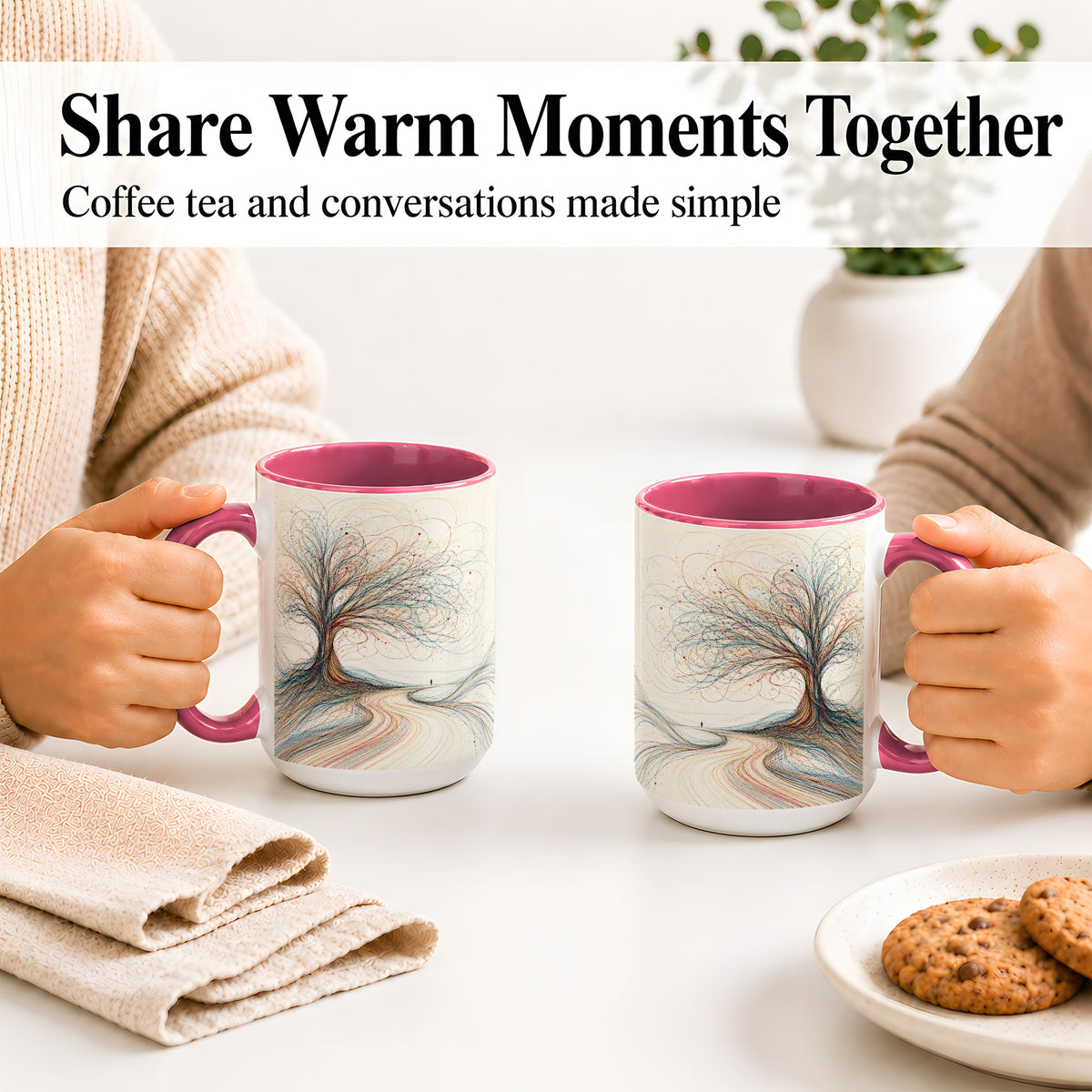 #pl[15oz|Pink] Abstract Tree Ceramic Mug, Flowing Line Art for Modern Decor Fans
