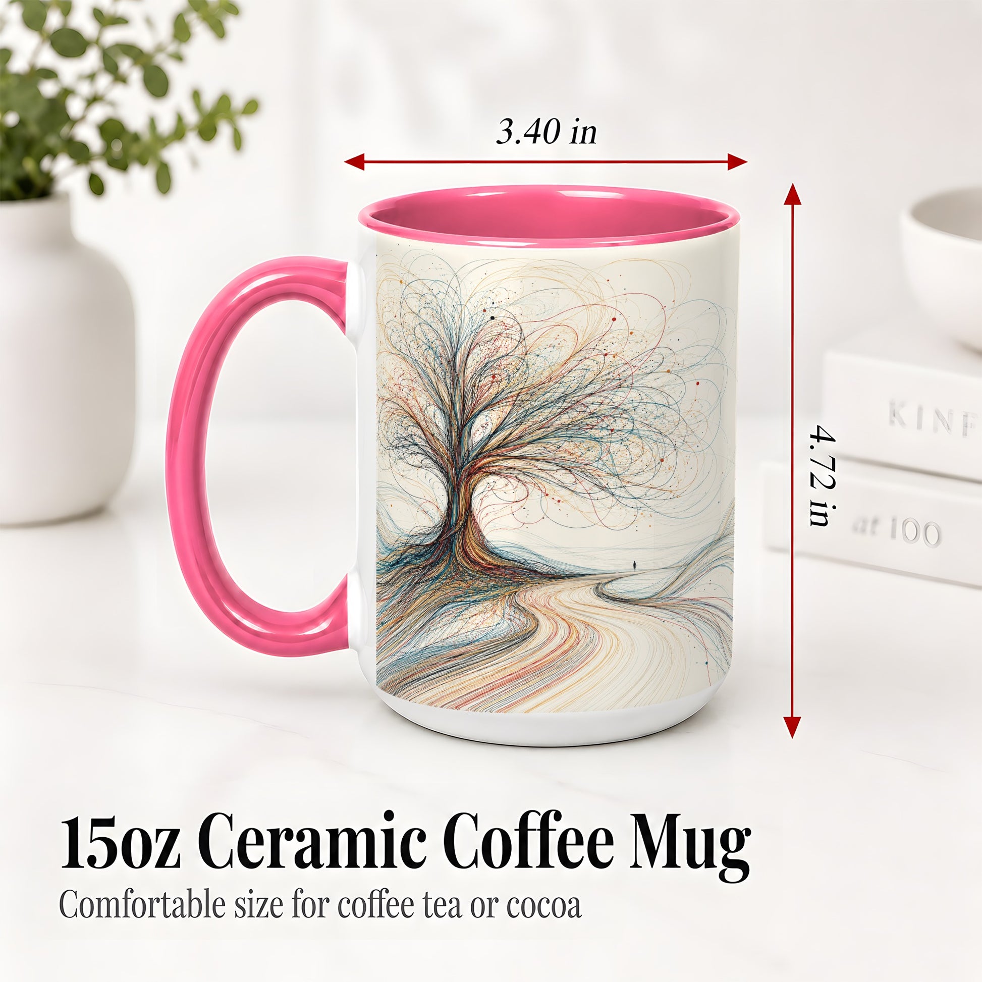 #pl[15oz|Pink] Abstract Tree Ceramic Mug, Flowing Line Art for Modern Decor Fans