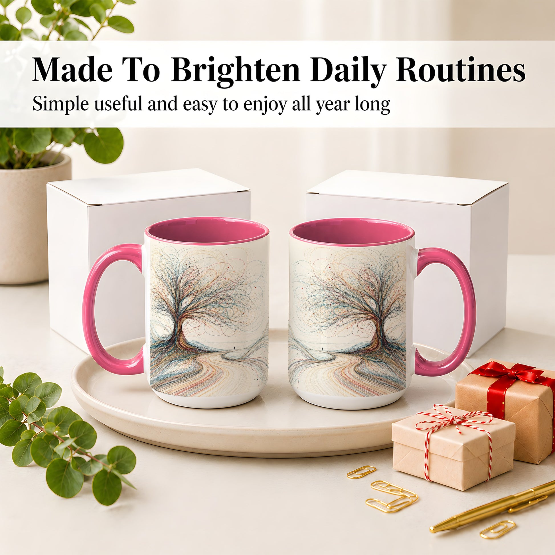 #pl[15oz|Pink] Abstract Tree Ceramic Mug, Flowing Line Art for Modern Decor Fans