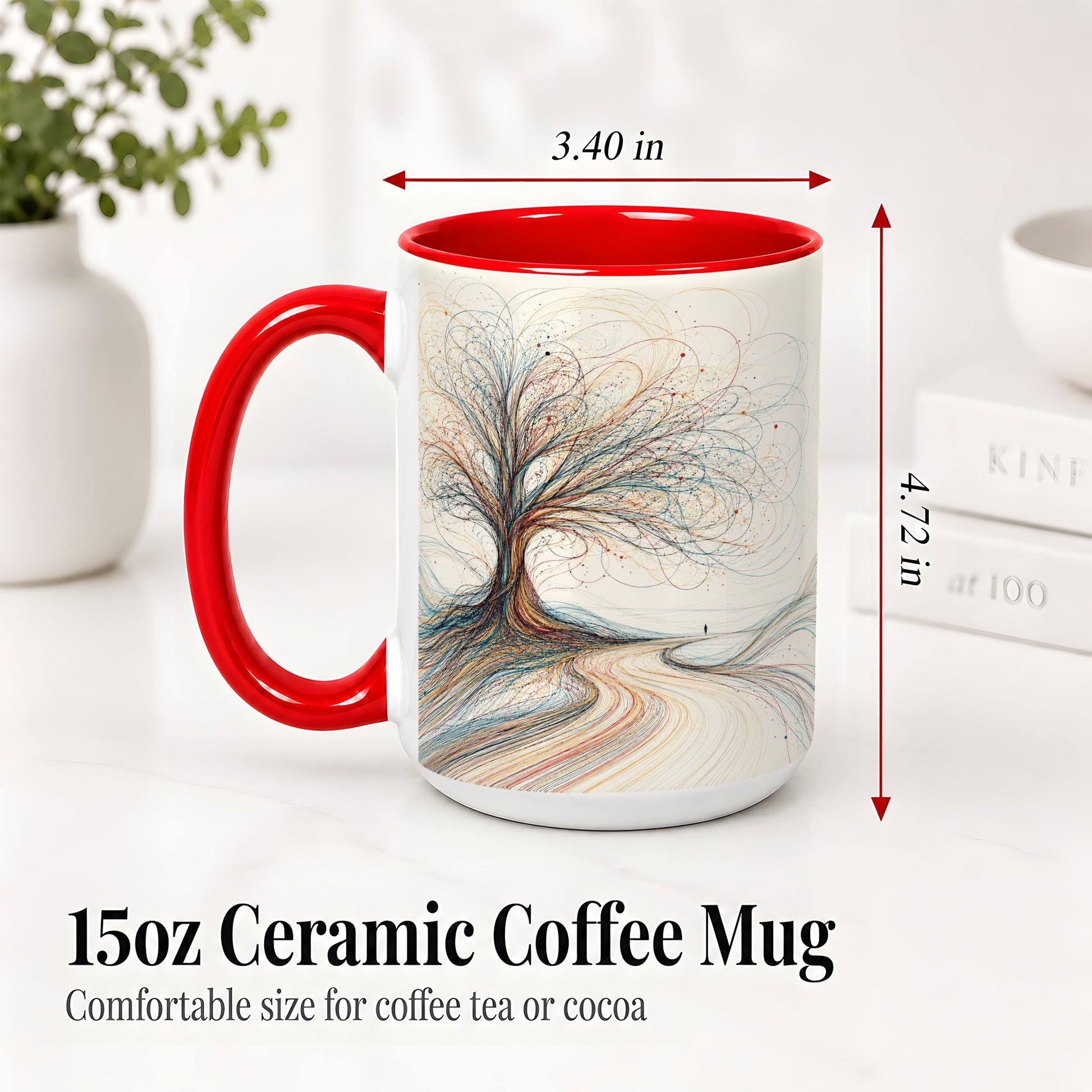 #pl[15oz|Red] Abstract Tree Ceramic Mug, Flowing Line Art for Modern Decor Fans