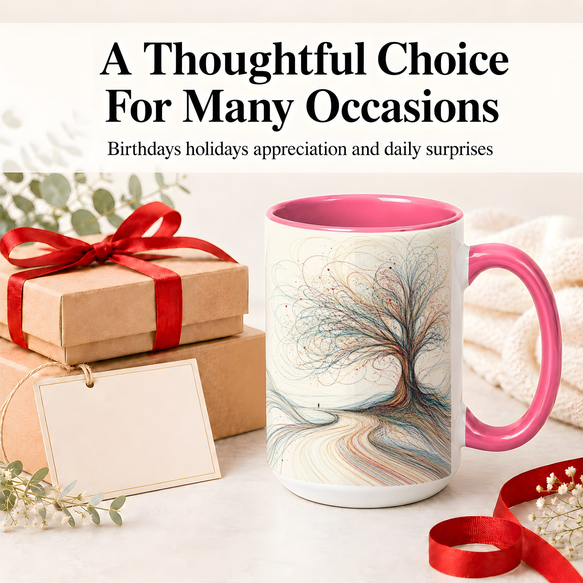 #pl[15oz|Pink] Abstract Tree Ceramic Mug, Flowing Line Art for Modern Decor Fans