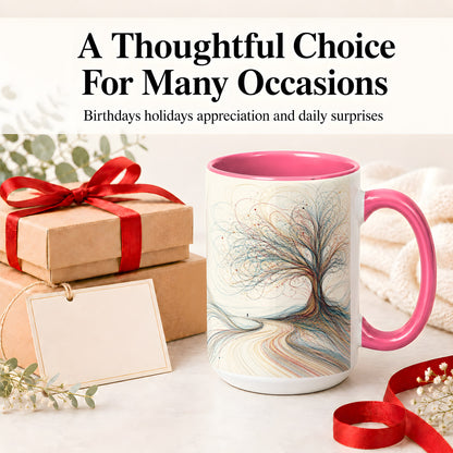 #pl[15oz|Pink] Abstract Tree Ceramic Mug, Flowing Line Art for Modern Decor Fans