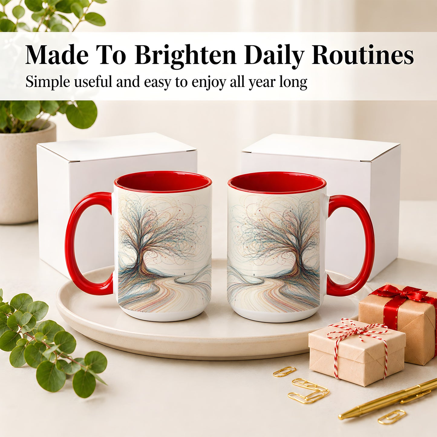 #pl[15oz|Red] Abstract Tree Ceramic Mug, Flowing Line Art for Modern Decor Fans