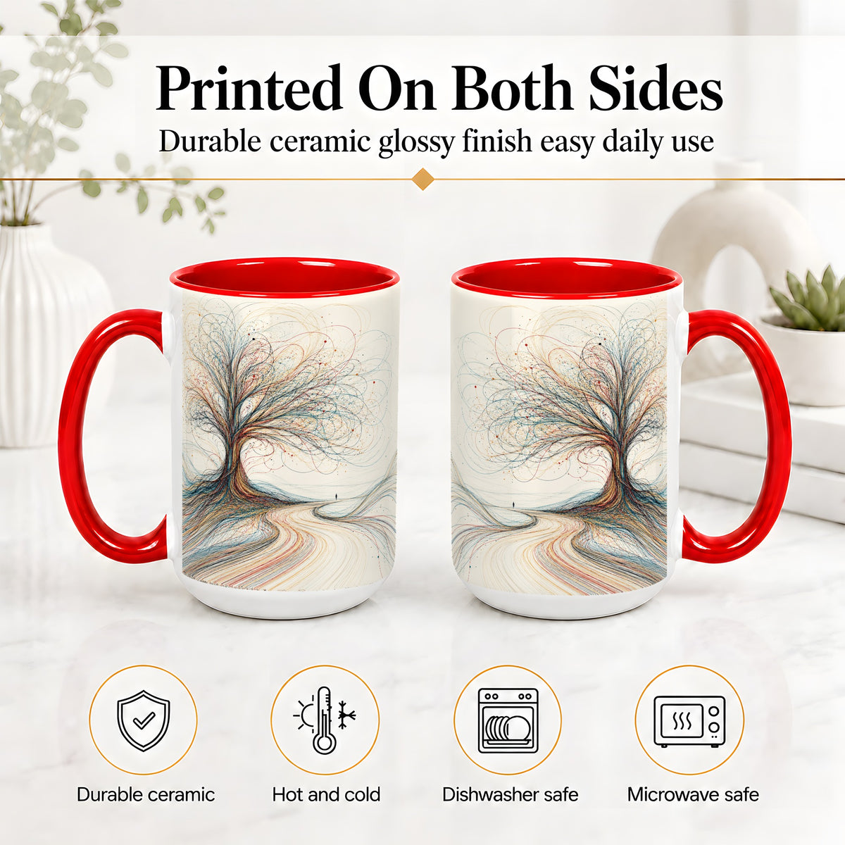 #pl[15oz|Red] Abstract Tree Ceramic Mug, Flowing Line Art for Modern Decor Fans