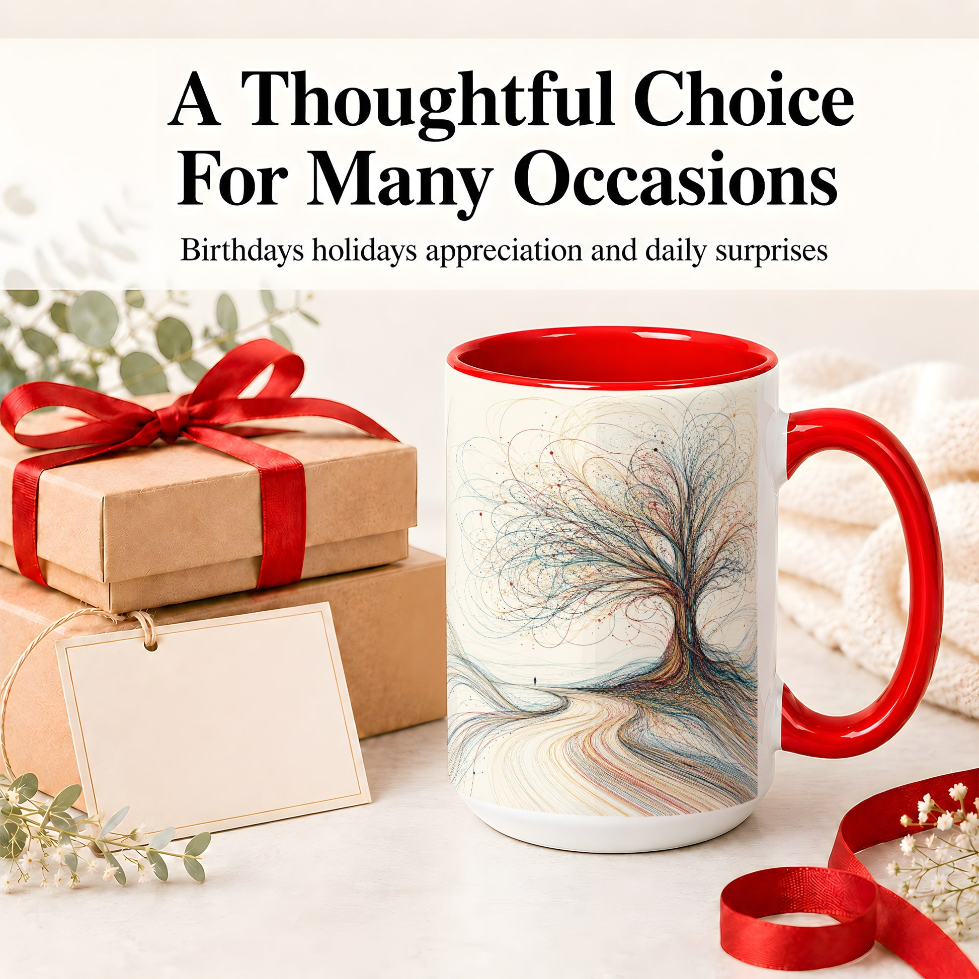 #pl[15oz|Red] Abstract Tree Ceramic Mug, Flowing Line Art for Modern Decor Fans