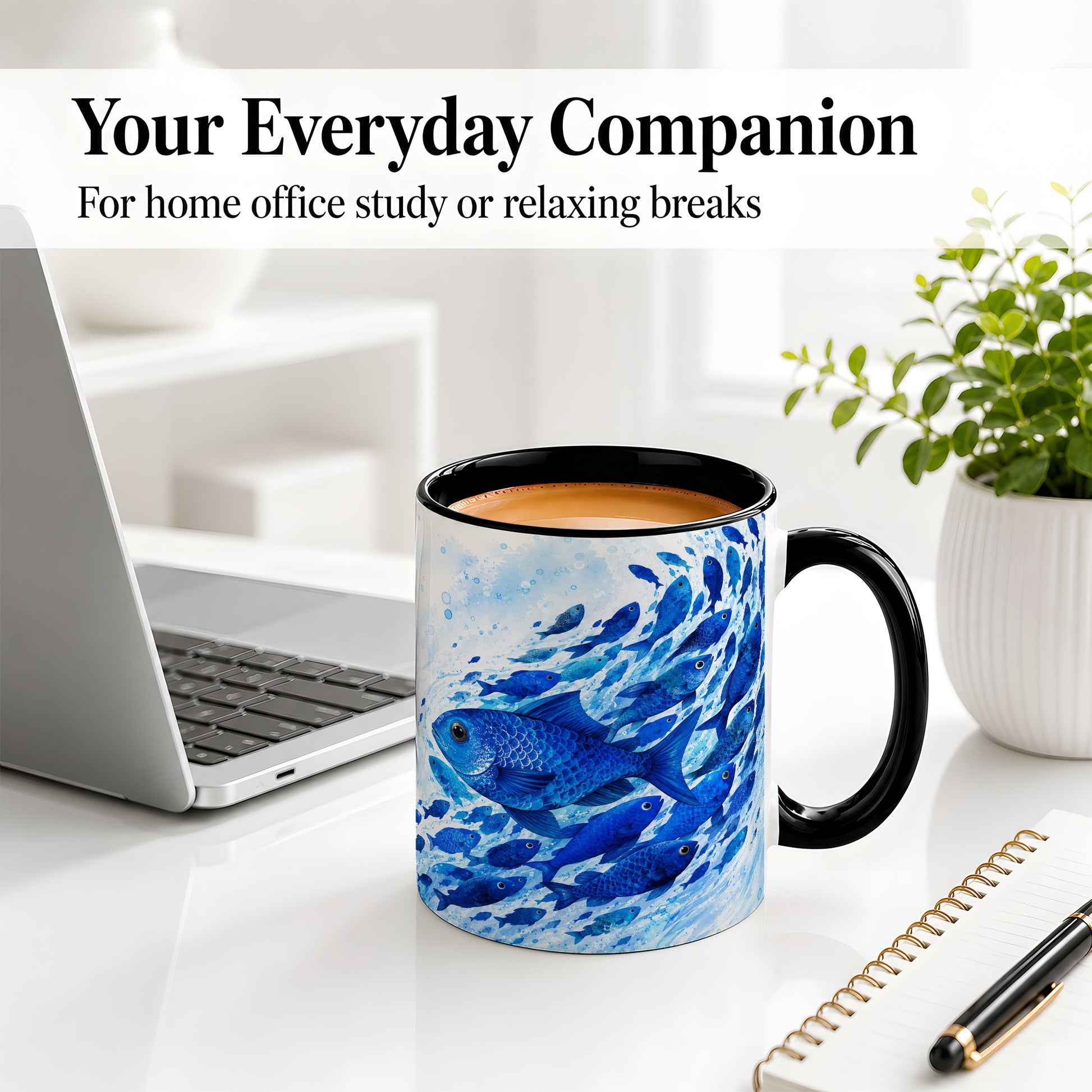 #pl[11oz|Black] Blue Fish School Ceramic Mug, Watercolor Ocean Art for Fish Fans