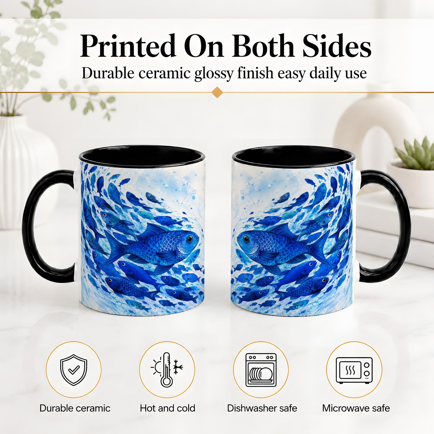 #pl[11oz|Black] Blue Fish School Ceramic Mug, Watercolor Ocean Art for Fish Fans