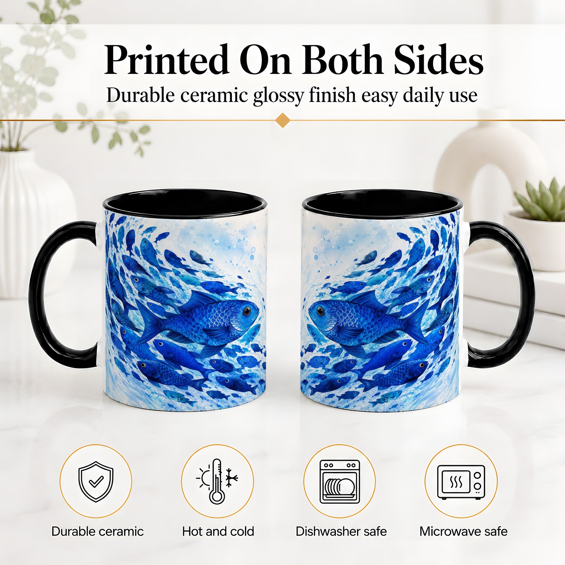 #pl[11oz|Black] Blue Fish School Ceramic Mug, Watercolor Ocean Art for Fish Fans