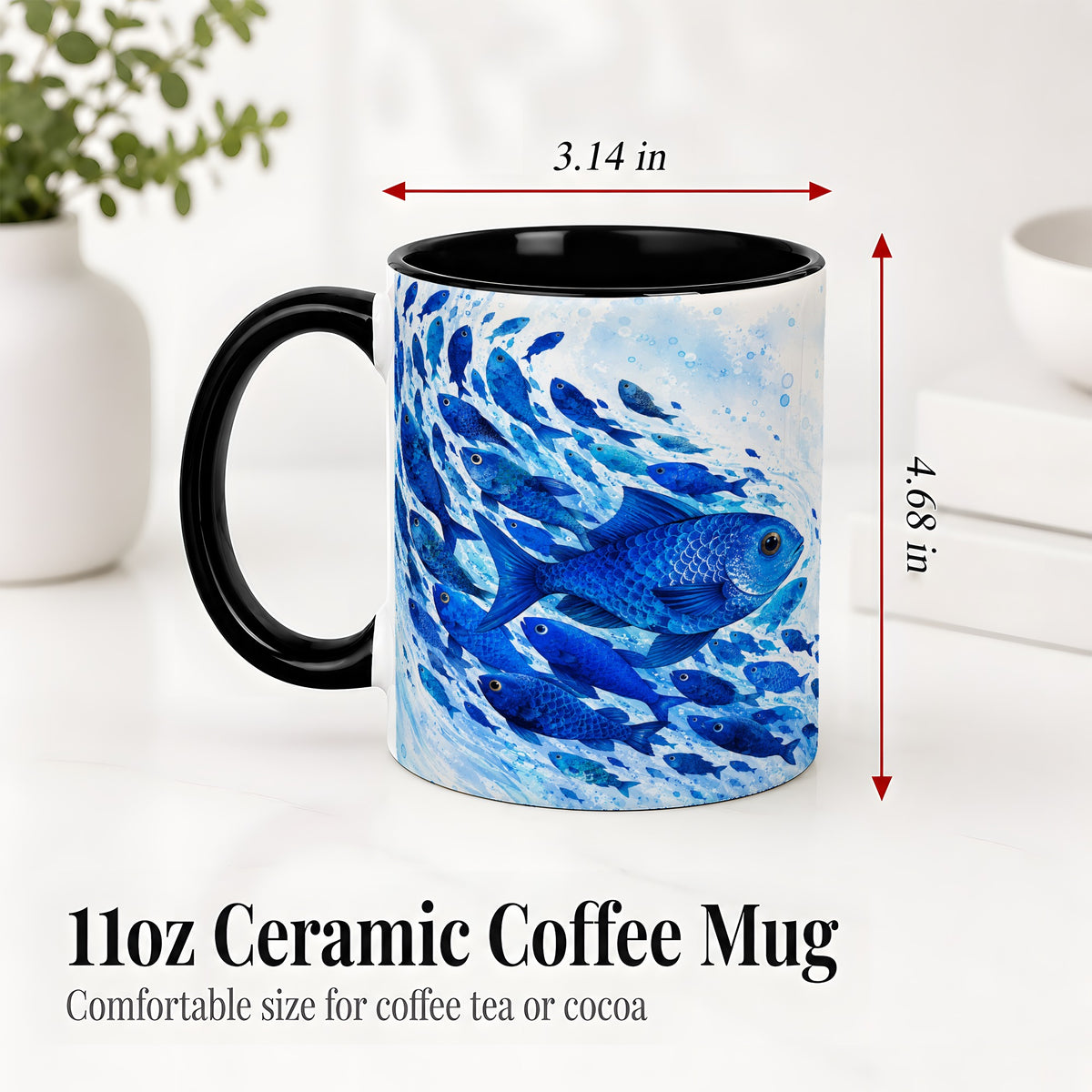 #pl[11oz|Black] Blue Fish School Ceramic Mug, Watercolor Ocean Art for Fish Fans