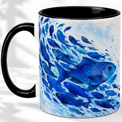 #pl[11oz|Black] Blue Fish School Ceramic Mug, Watercolor Ocean Art for Fish Fans
