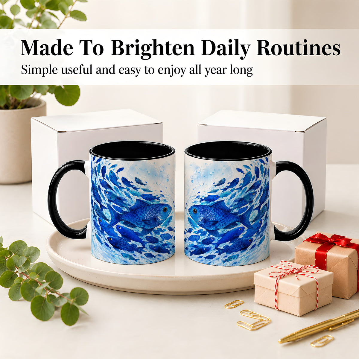 #pl[11oz|Black] Blue Fish School Ceramic Mug, Watercolor Ocean Art for Fish Fans