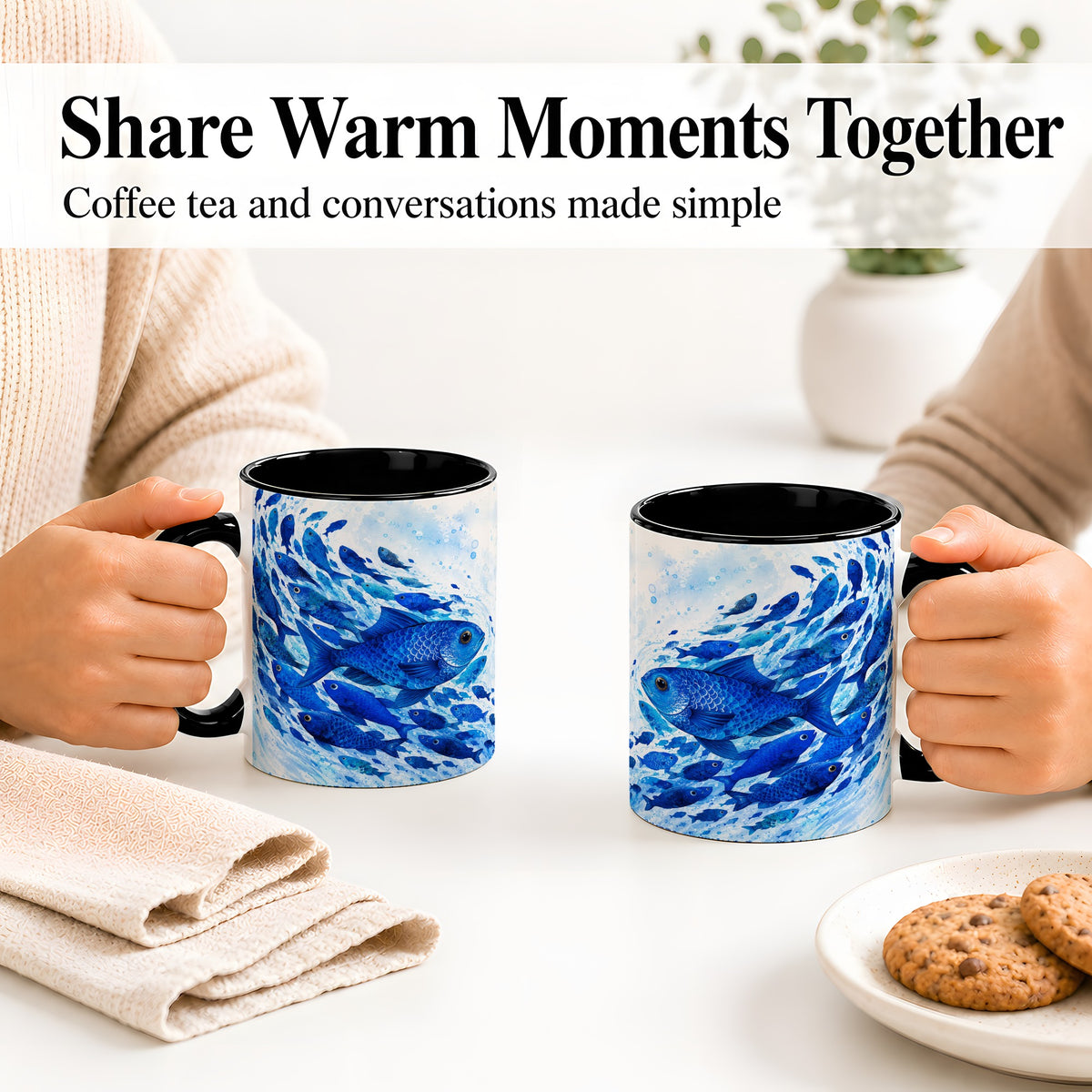 #pl[11oz|Black] Blue Fish School Ceramic Mug, Watercolor Ocean Art for Fish Fans