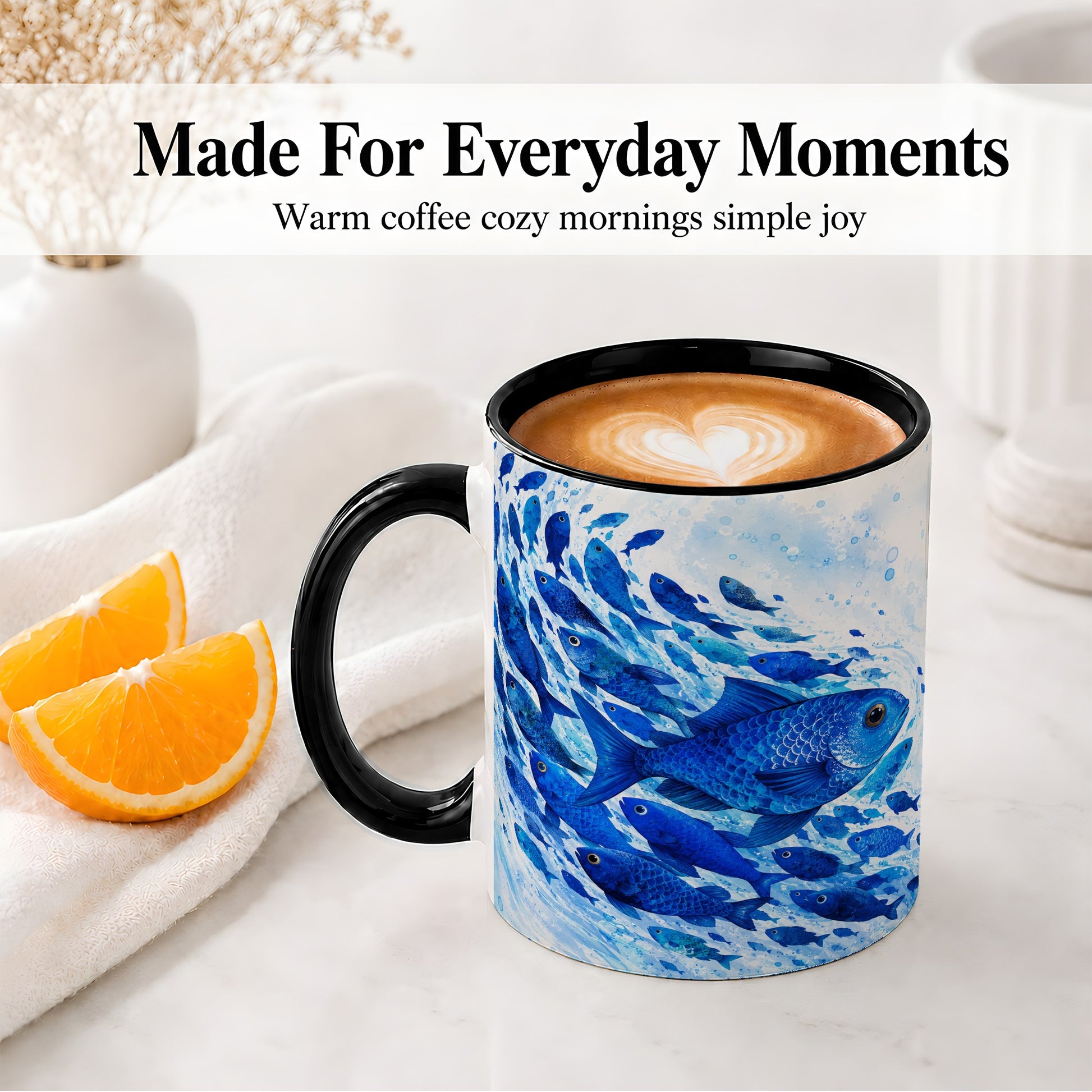 #pl[11oz|Black] Blue Fish School Ceramic Mug, Watercolor Ocean Art for Fish Fans