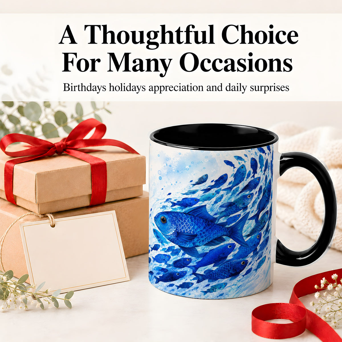 #pl[11oz|Black] Blue Fish School Ceramic Mug, Watercolor Ocean Art for Fish Fans