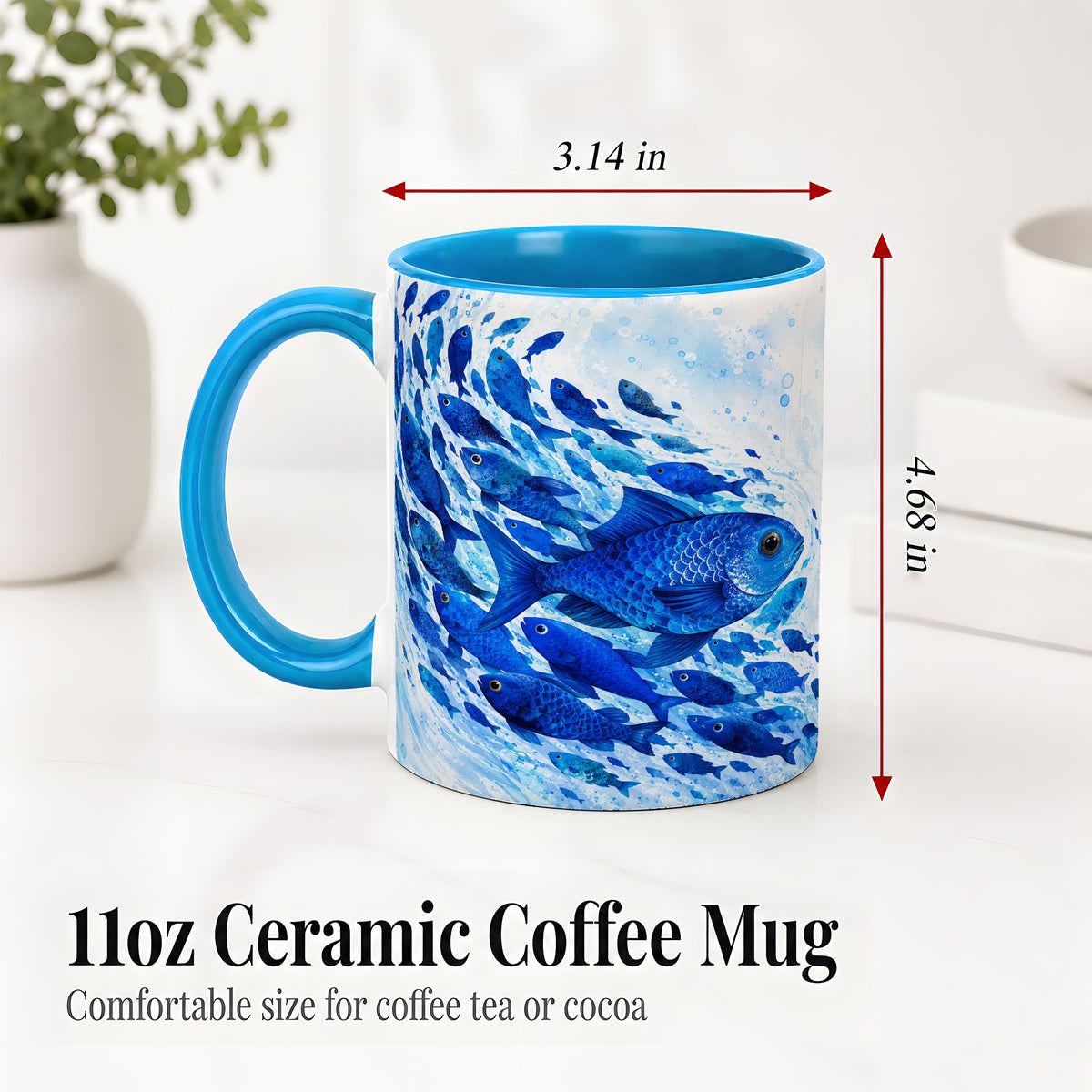 #pl[11oz|Blue] Blue Fish School Ceramic Mug, Watercolor Ocean Art for Fish Fans