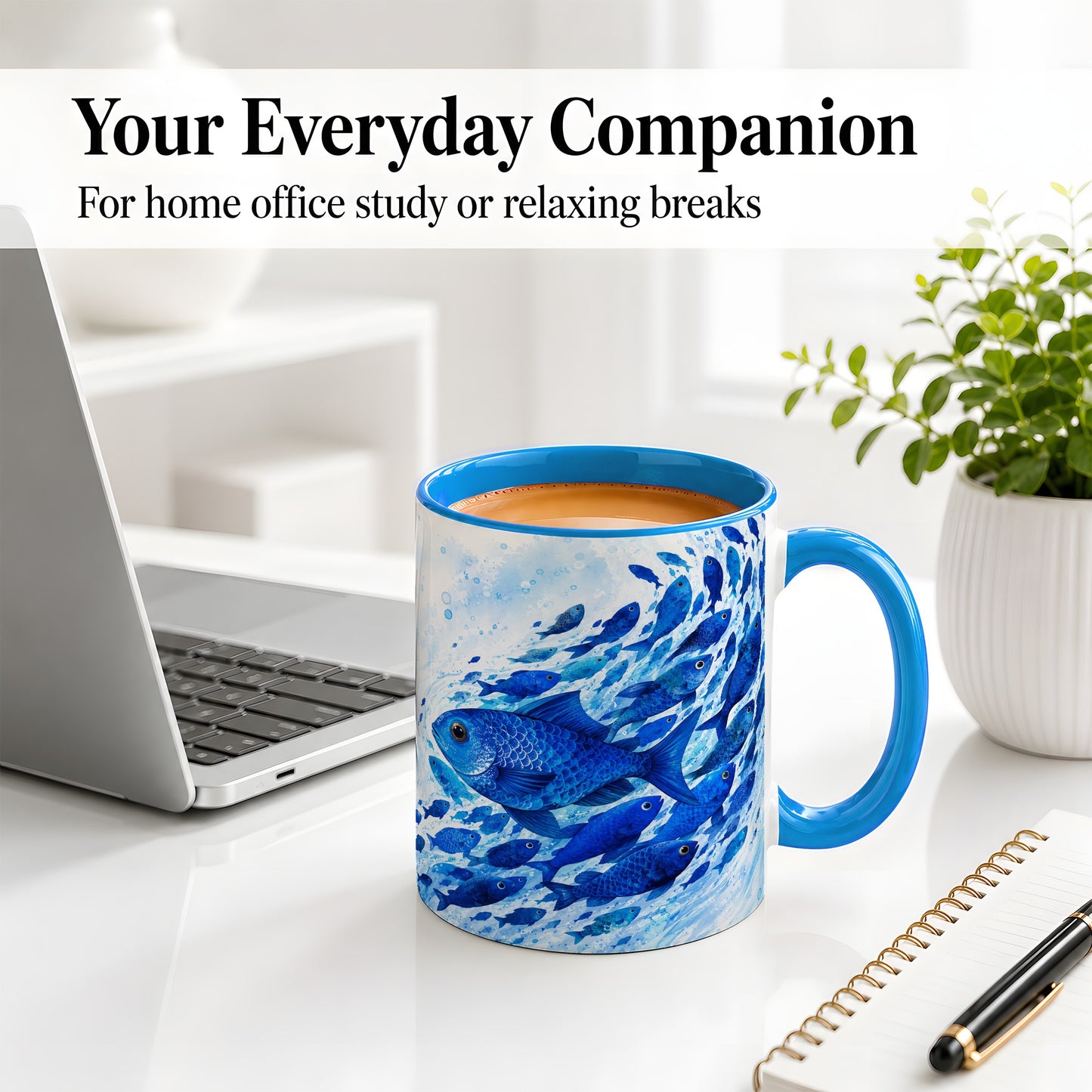 #pl[11oz|Blue] Blue Fish School Ceramic Mug, Watercolor Ocean Art for Fish Fans