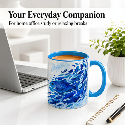 #pl[11oz|Blue] Blue Fish School Ceramic Mug, Watercolor Ocean Art for Fish Fans