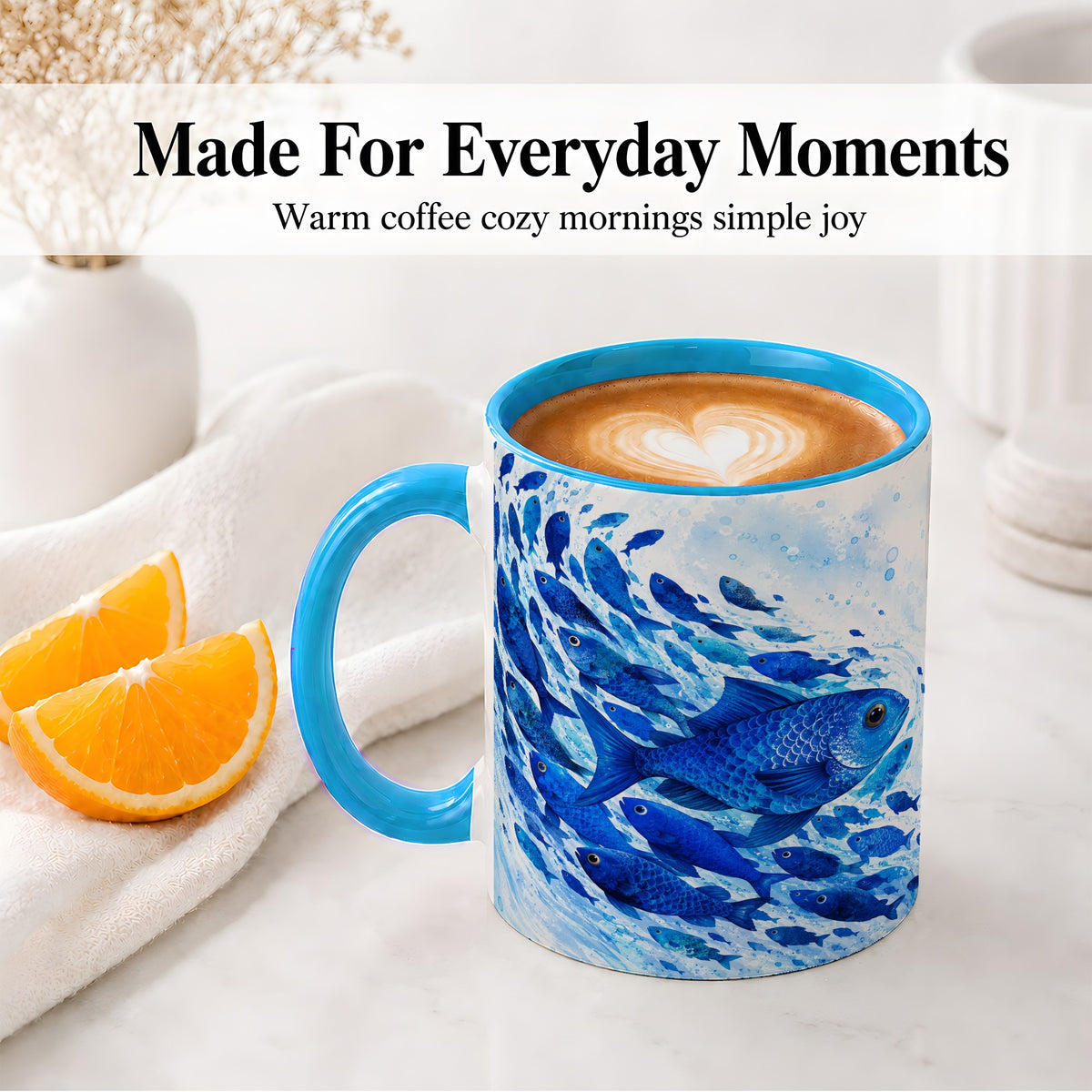 #pl[11oz|Blue] Blue Fish School Ceramic Mug, Watercolor Ocean Art for Fish Fans