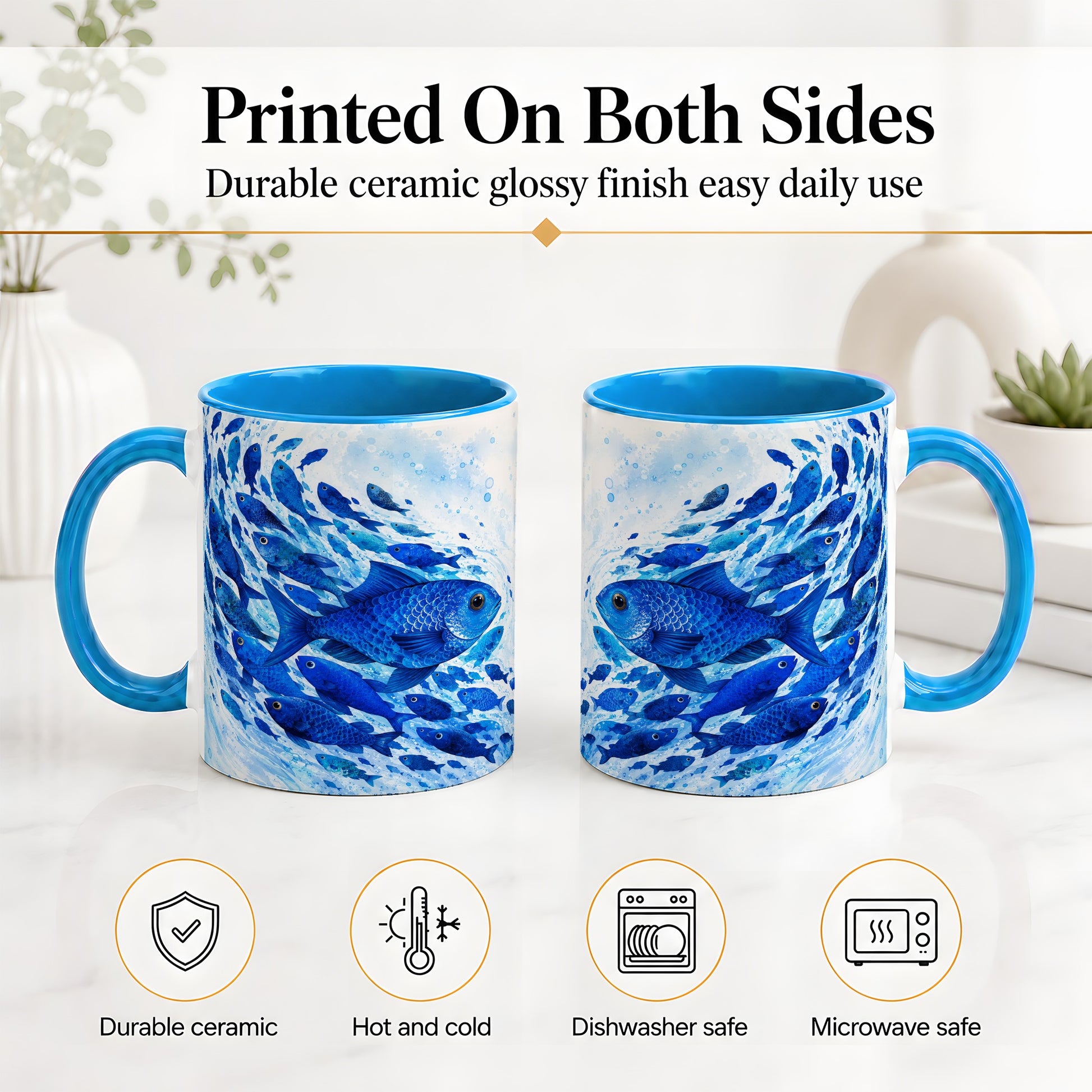 #pl[11oz|Blue] Blue Fish School Ceramic Mug, Watercolor Ocean Art for Fish Fans