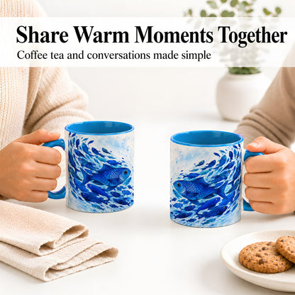#pl[11oz|Blue] Blue Fish School Ceramic Mug, Watercolor Ocean Art for Fish Fans