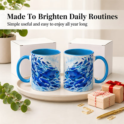 #pl[11oz|Blue] Blue Fish School Ceramic Mug, Watercolor Ocean Art for Fish Fans