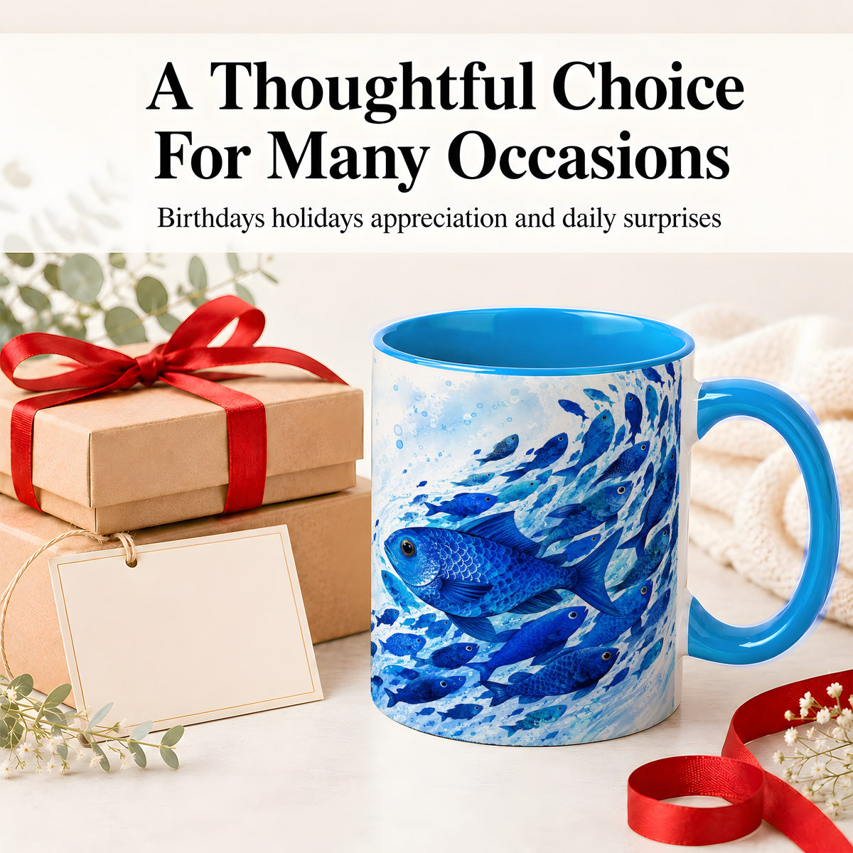 #pl[11oz|Blue] Blue Fish School Ceramic Mug, Watercolor Ocean Art for Fish Fans