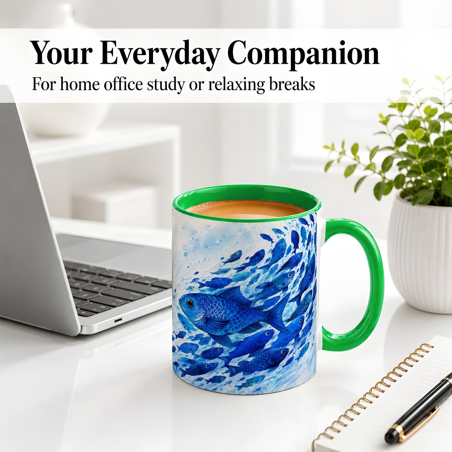 #pl[11oz|Green] Blue Fish School Ceramic Mug, Watercolor Ocean Art for Fish Fans