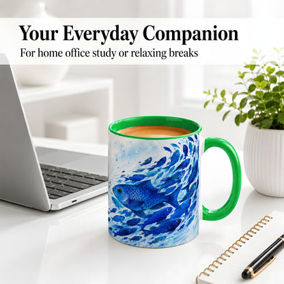 #pl[11oz|Green] Blue Fish School Ceramic Mug, Watercolor Ocean Art for Fish Fans
